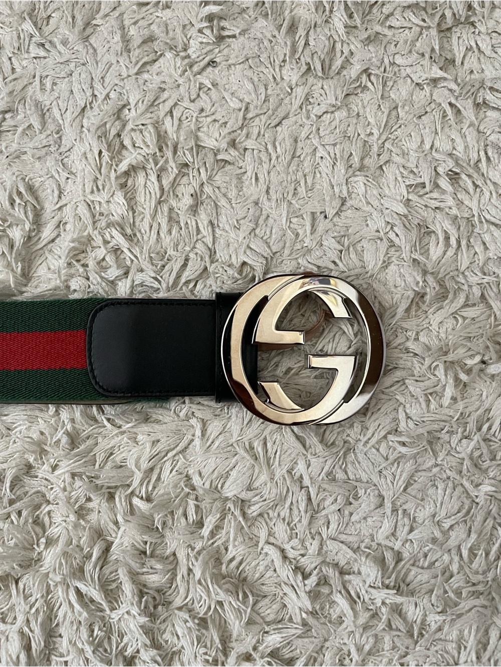 Gucci Green and Red Stripe Web Belt with Black Leather Trim